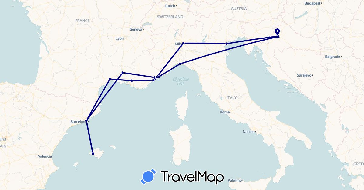 TravelMap itinerary: driving in Spain, France, Croatia, Italy, Monaco (Europe)